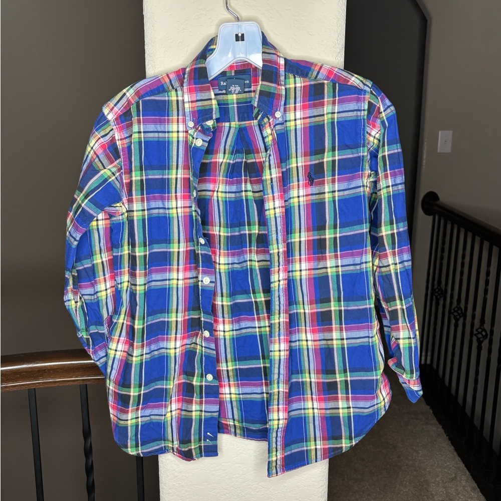 Ralph Lauren Kids Blue Plaid Button Down Shirt Size M 100% Cotton Colorful